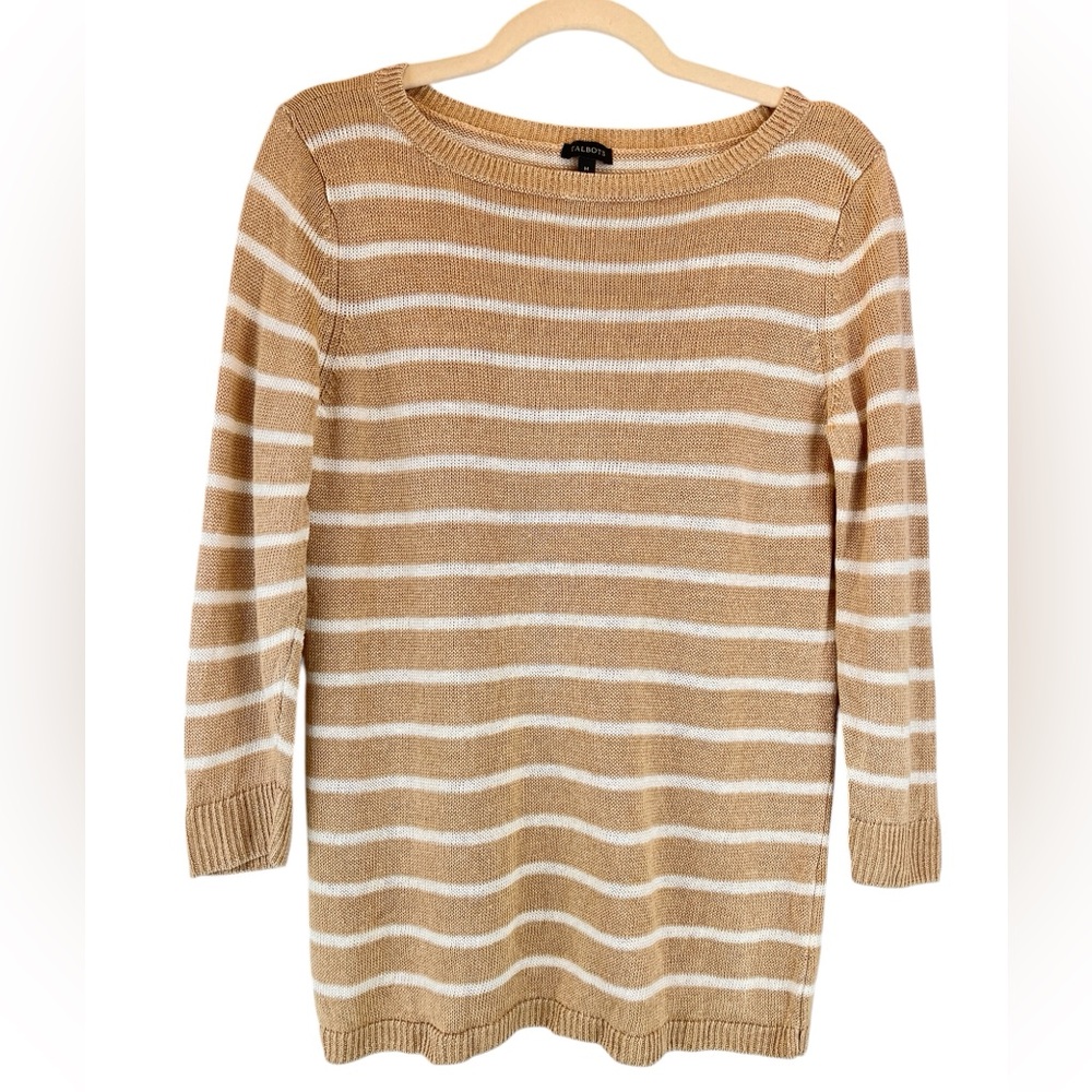 Talbots 100% Linen Sweater Ivory Tan Striped Preppy Sz M